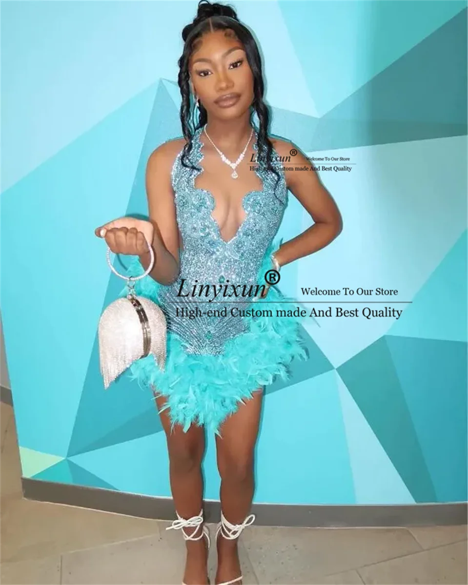 Frosted Elegance: Ice Blue Feathered Short Prom Dress with Crystals