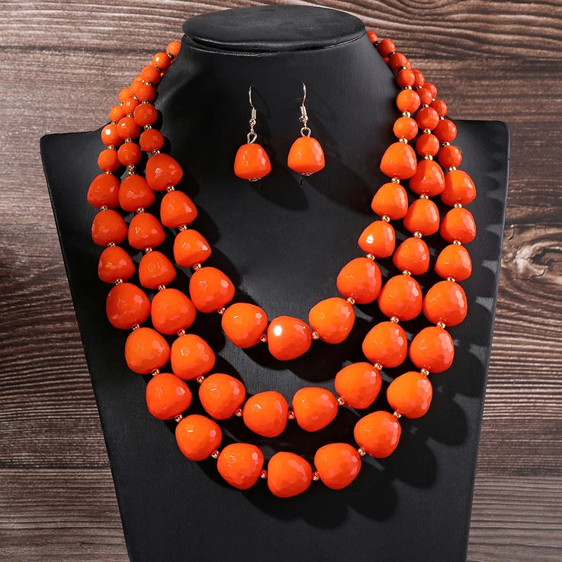 Three Layer Necklace Jewelry Set Party Wedding Bib Beads Necklace Earrings For Women Choker African Necklace Earrings Sets