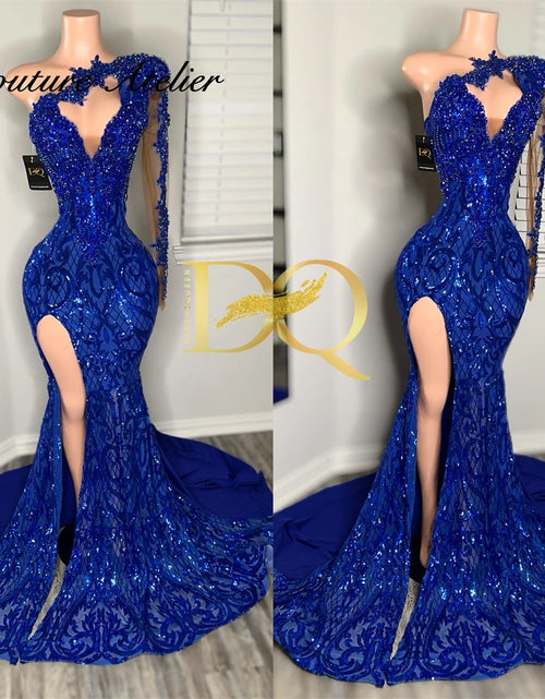 Load image into Gallery viewer, Regal Sparkle: Royal Blue One-Shoulder Crystal Mermaid Gown
