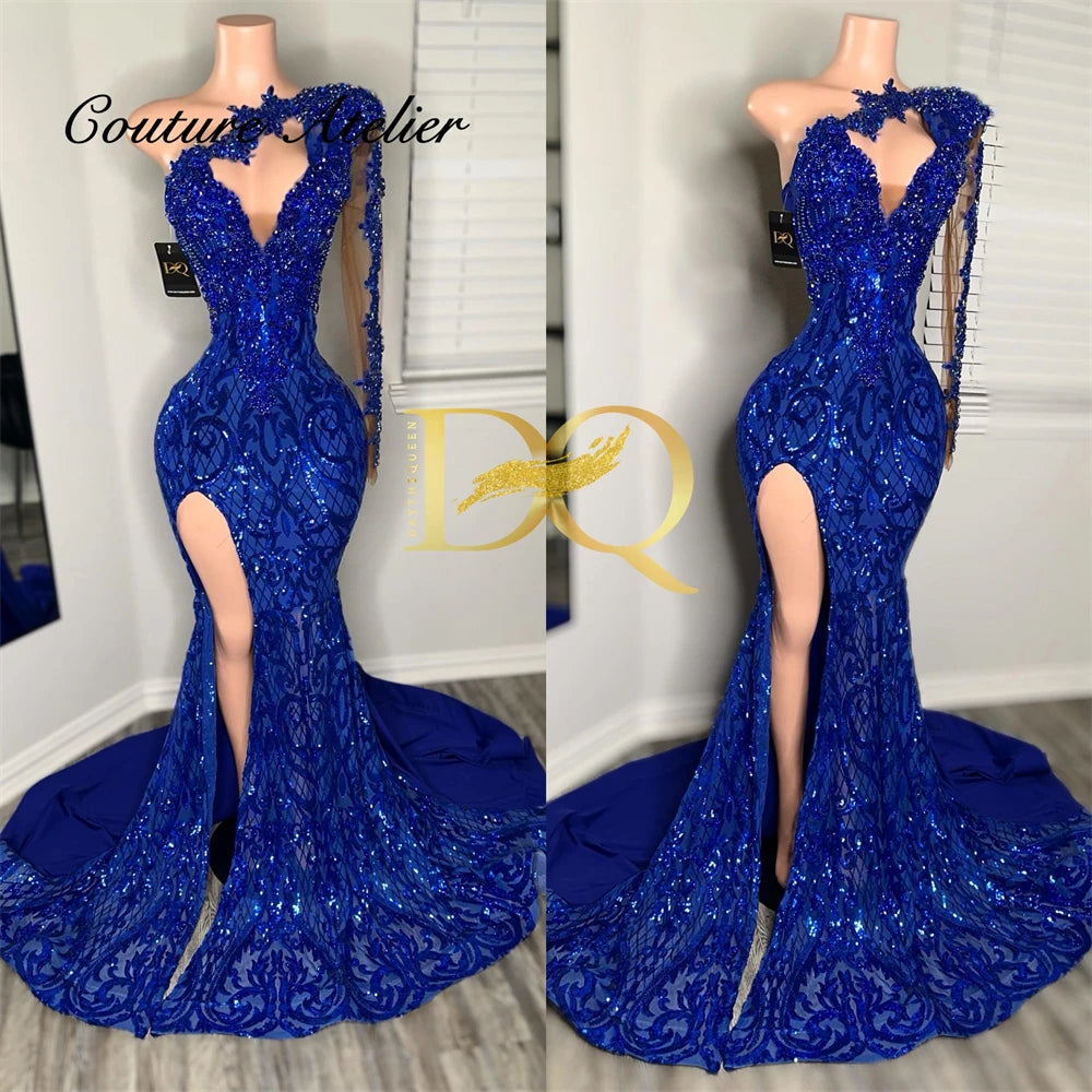 Regal Sparkle: Royal Blue One-Shoulder Crystal Mermaid Gown