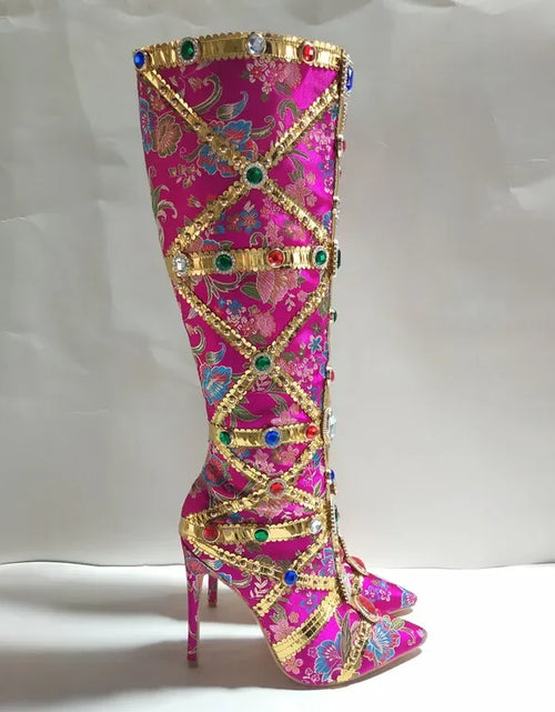 Load image into Gallery viewer, Vibrant Elegance: Colorful Rhinestone Embroidered Mid-Length Ethnic Boots
