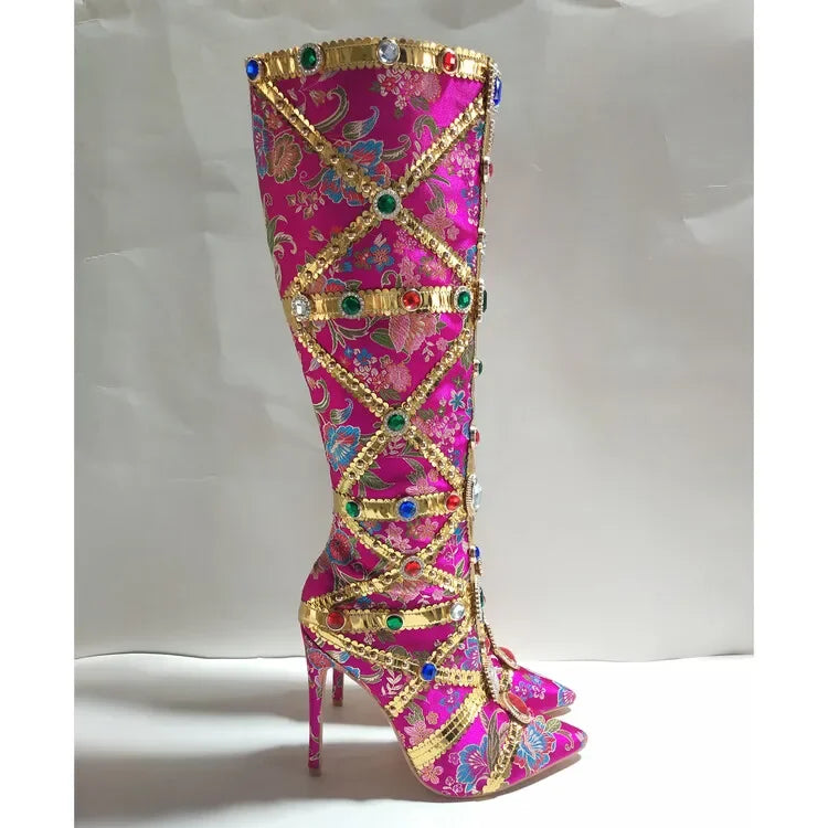 Vibrant Elegance: Colorful Rhinestone Embroidered Mid-Length Ethnic Boots