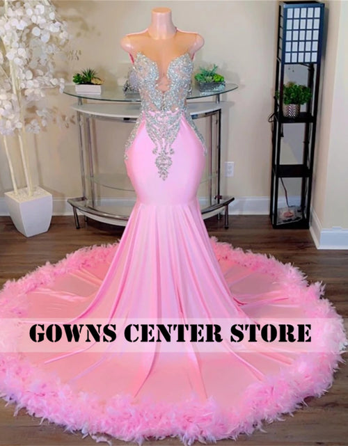 Load image into Gallery viewer, Pink Luxe: Sweety Feathered Mermaid Gown with Silver Crystals
