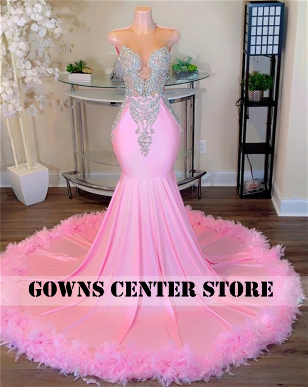 Pink Luxe: Sweety Feathered Mermaid Gown with Silver Crystals