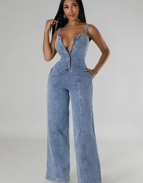 Load image into Gallery viewer, Sexy Denim Spaghetti Strap Jumpsuit – Patchwork Wide-Leg Romper for Women
