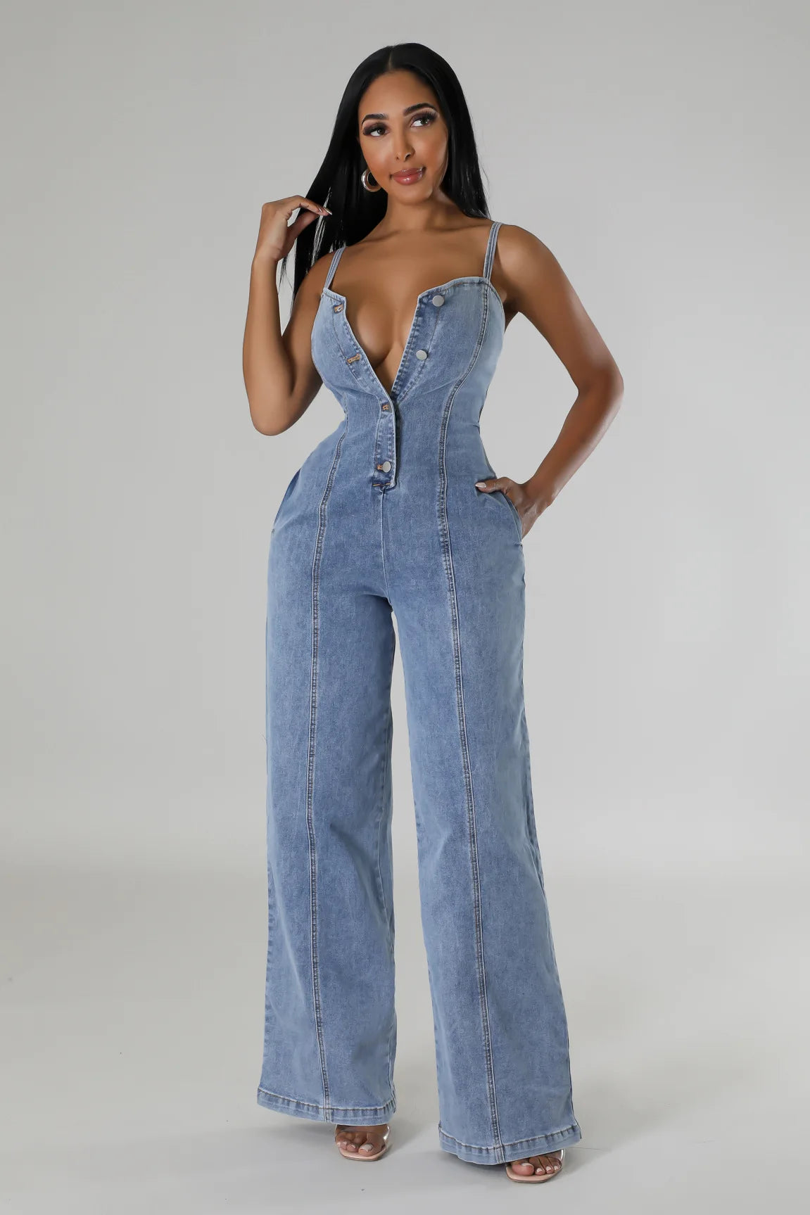 Sexy Denim Spaghetti Strap Jumpsuit – Patchwork Wide-Leg Romper for Women