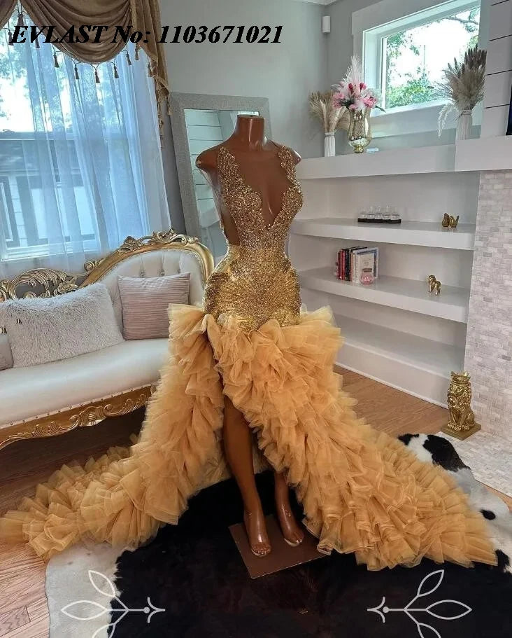 Gold Sparkle Mermaid Prom Dress – Beaded Ruffles Skirt Evening Gown