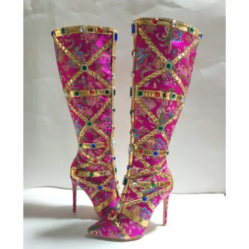 Vibrant Elegance: Colorful Rhinestone Embroidered Mid-Length Ethnic Boots