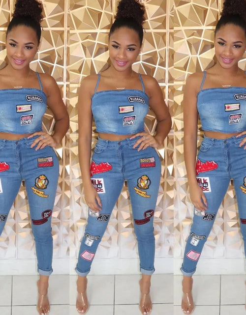 Load image into Gallery viewer, Sexy Denim Two-Piece Set – Women’s Crop Top and Pants Matching Outfit
