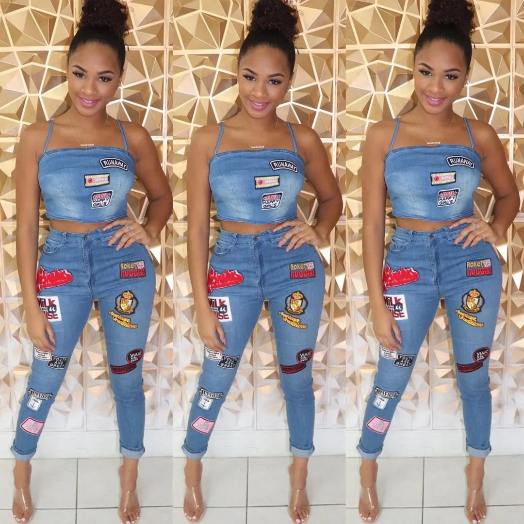 Sexy Denim Two-Piece Set – Women’s Crop Top and Pants Matching Outfit