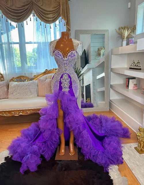 Load image into Gallery viewer, Royal Elegance – Sexy Purple Ruffles Evening Gown with Sparkling Crystal Tassels
