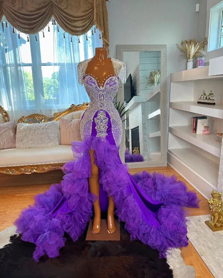 Royal Elegance – Sexy Purple Ruffles Evening Gown with Sparkling Crystal Tassels