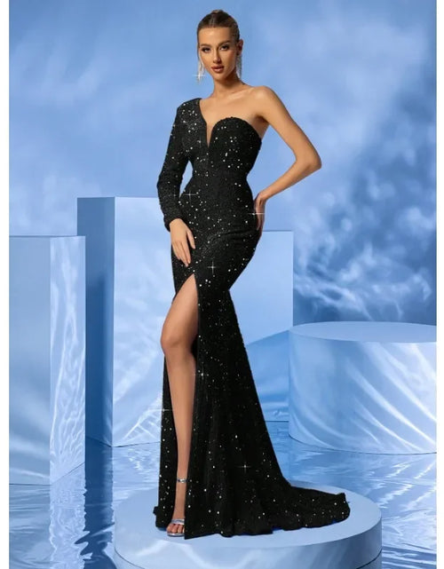 Load image into Gallery viewer, Elegant One-Shoulder Sequin Fish-Tail Maxi Dress with Slit for Formal Occasions
