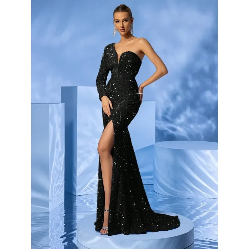 Elegant One-Shoulder Sequin Fish-Tail Maxi Dress with Slit for Formal Occasions