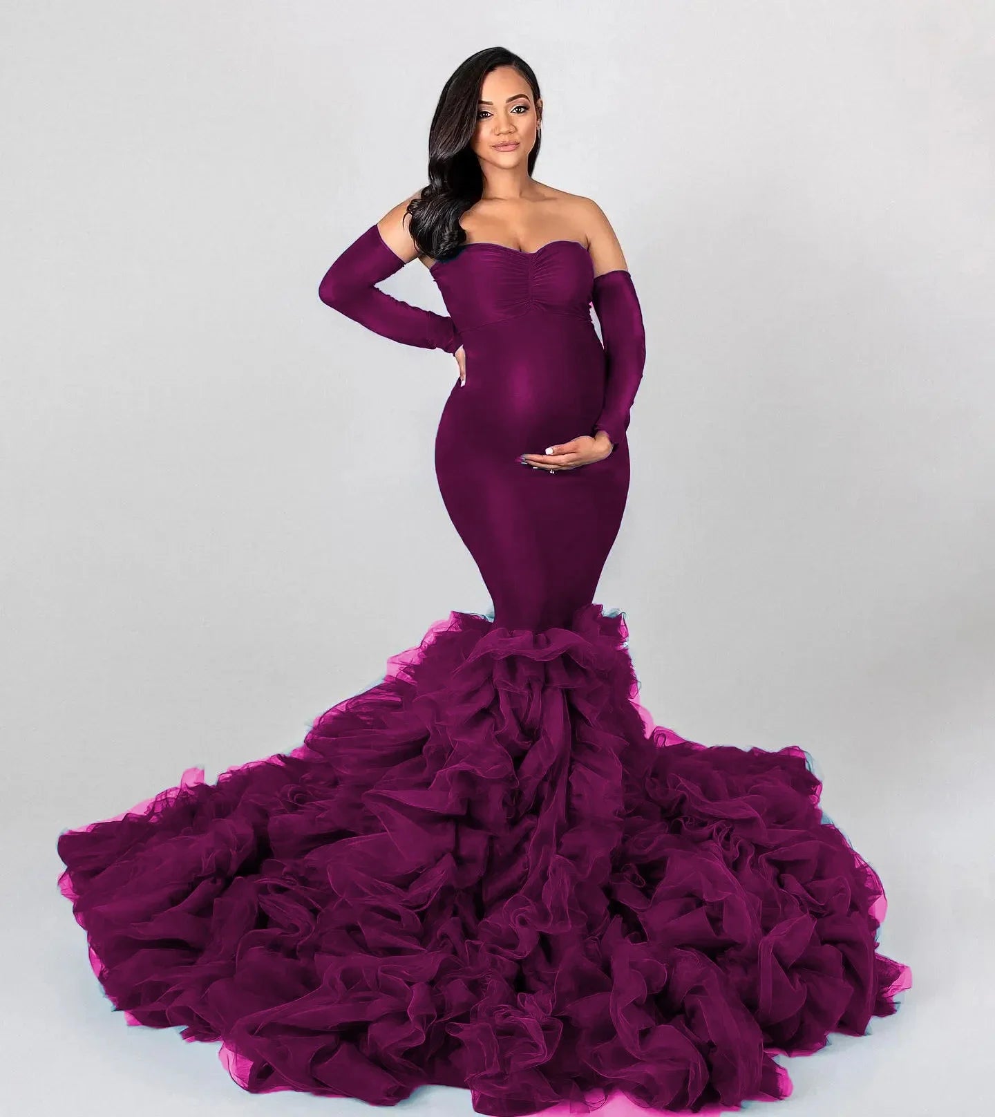 Chic Mermaid Maternity Robe – Off-Shoulder Sweetheart Photo Shoot Gown