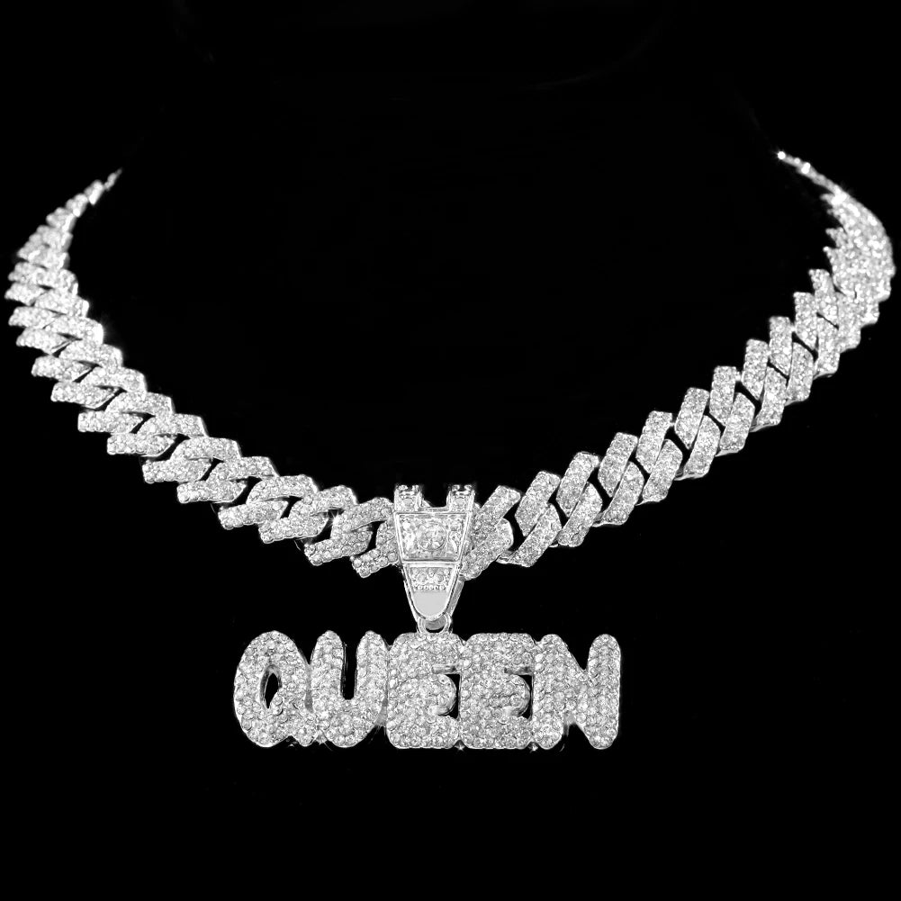 Iced Out Full Rhinestones KING QUEEN Letter Pendant Necklace 14mm Miami Rhombus Cuban Chain Hip Hop Necklaces Jewelry