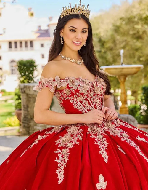 Load image into Gallery viewer, Blooming Elegance: Red 3D Floral Quinceañera Princess Ball Gown
