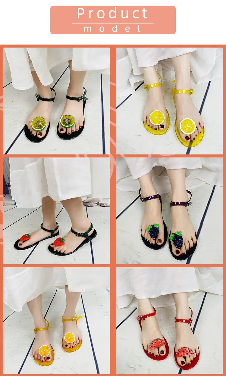 Women Fruit Jelly Sandals PVC Flat Flip-flop Sandal Ladies Summer Outdoor Fashion Non-slip Buckle Strap Beach Shoes Slides