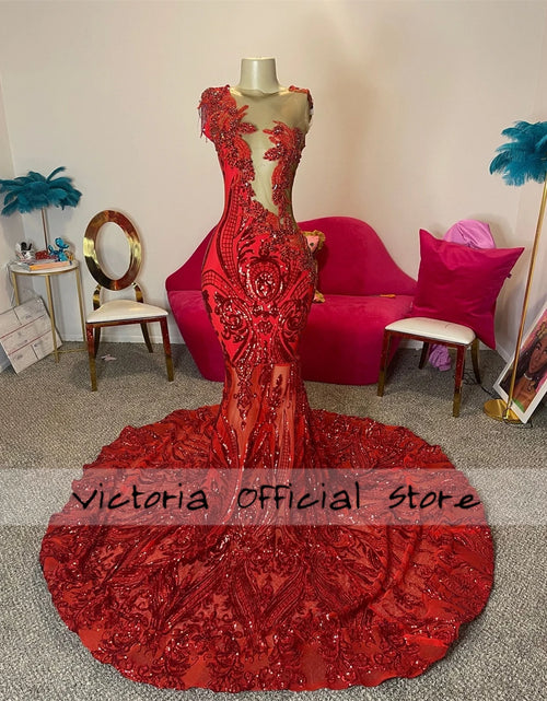 Load image into Gallery viewer, Gorgeous Red Sequined Lace Mermaid Prom Dress – Elegant Custom Crystal Gown
