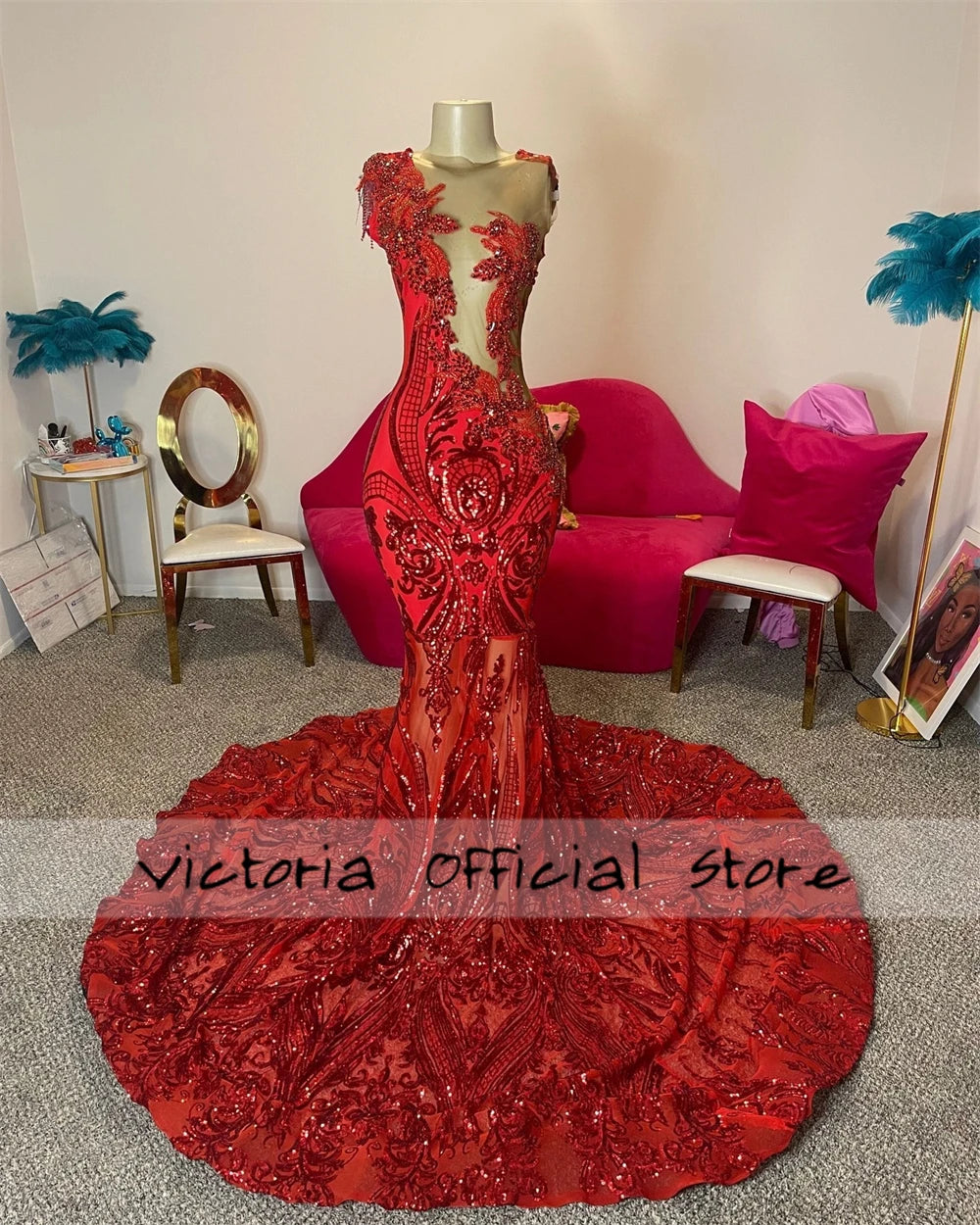 Gorgeous Red Sequined Lace Mermaid Prom Dress – Elegant Custom Crystal Gown