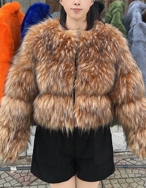 Load image into Gallery viewer, Luxury Faux Fur Coat – Women’s Thick Winter Jacket with Fox &amp; Raccoon Leather Detailing in Brown
