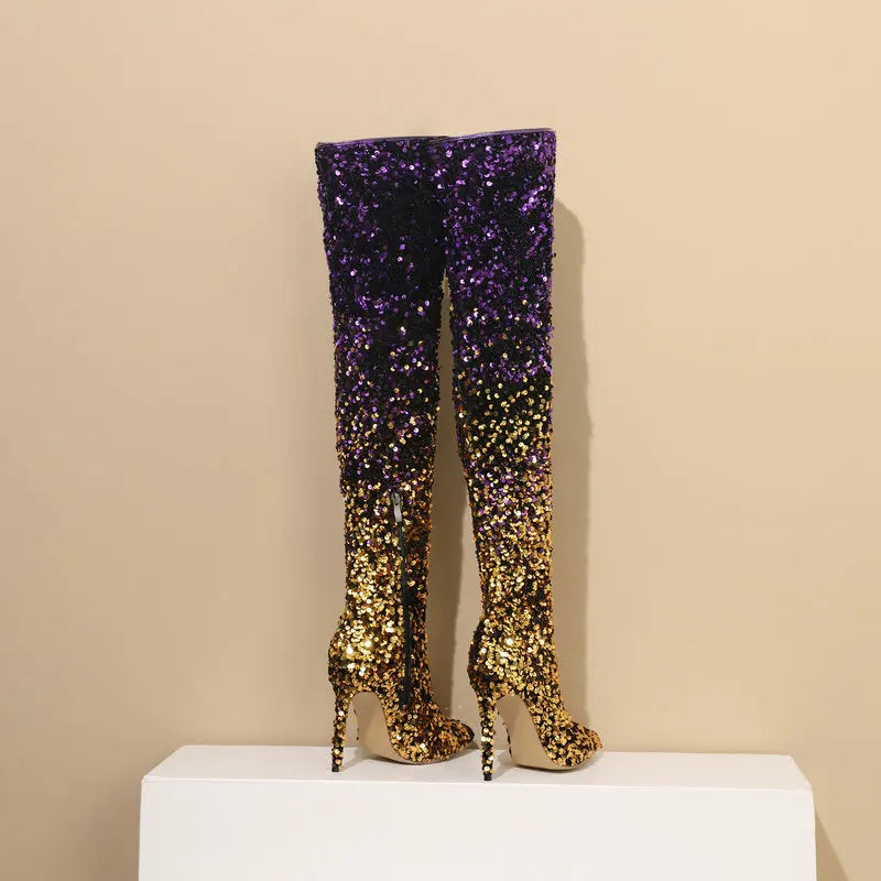 Shimmer & Stride: Gradient Sequin Over-the-Knee Boots with 11CM Heels