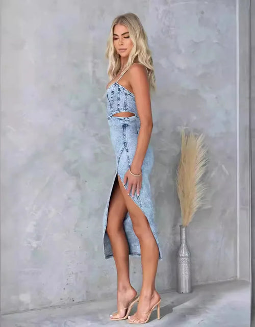 Load image into Gallery viewer, Sexy Retro Hollow-Out Denim Halter Dress – Sleeveless U-Neck Split Design
