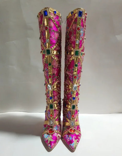 Load image into Gallery viewer, Vibrant Elegance: Colorful Rhinestone Embroidered Mid-Length Ethnic Boots
