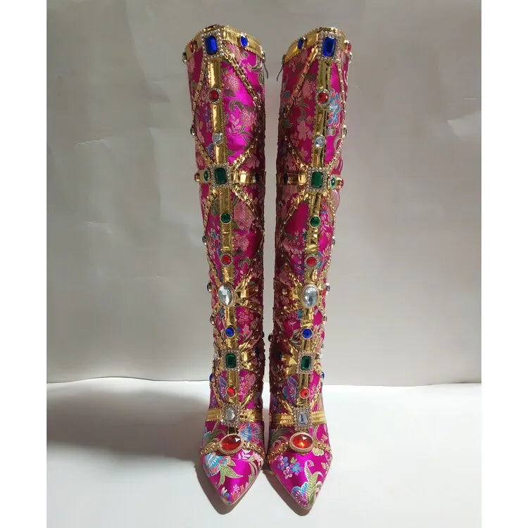 Vibrant Elegance: Colorful Rhinestone Embroidered Mid-Length Ethnic Boots