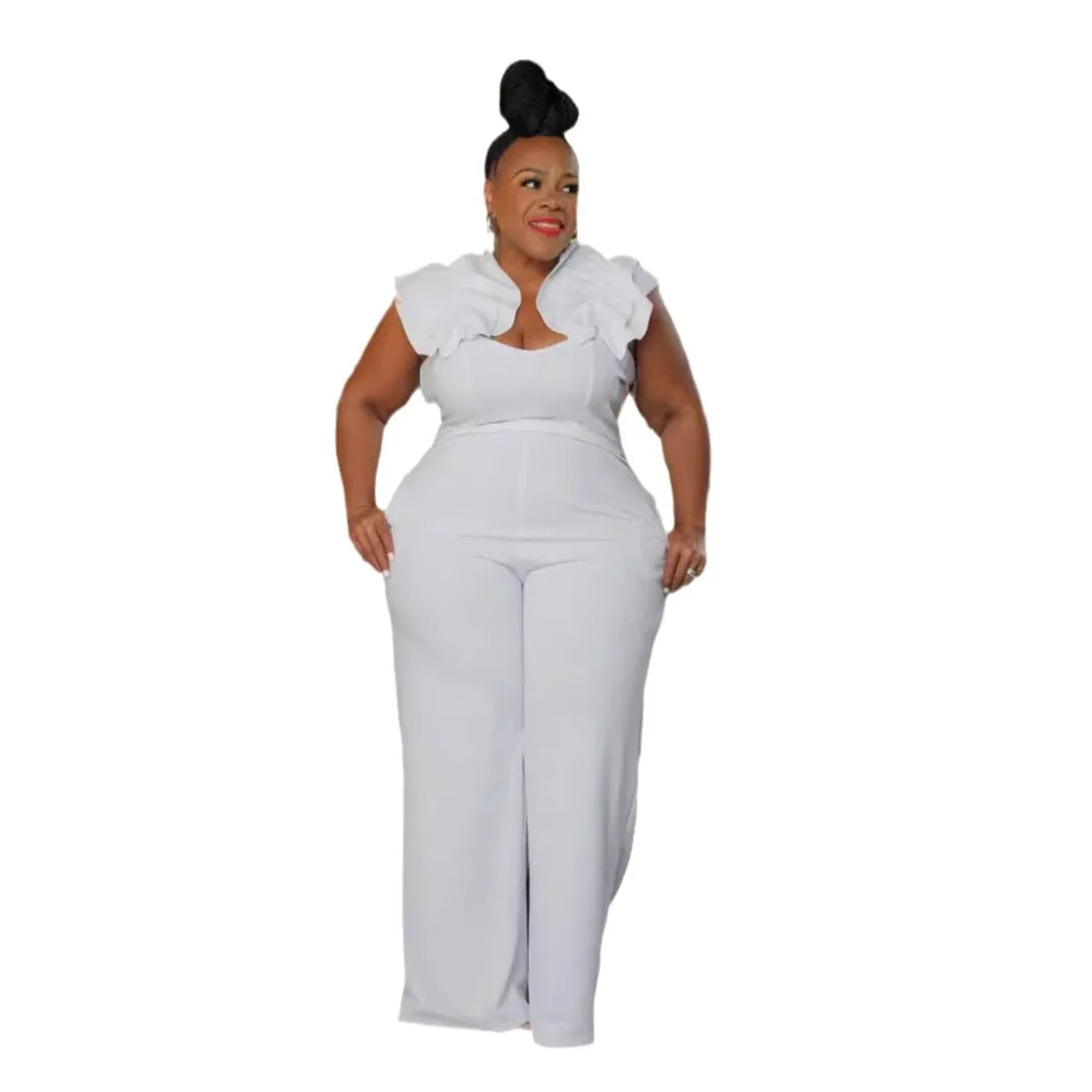 Elegant Plus Size Ruffle Wide-Leg Jumpsuit – Sleeveless Backless One-Piece for Women