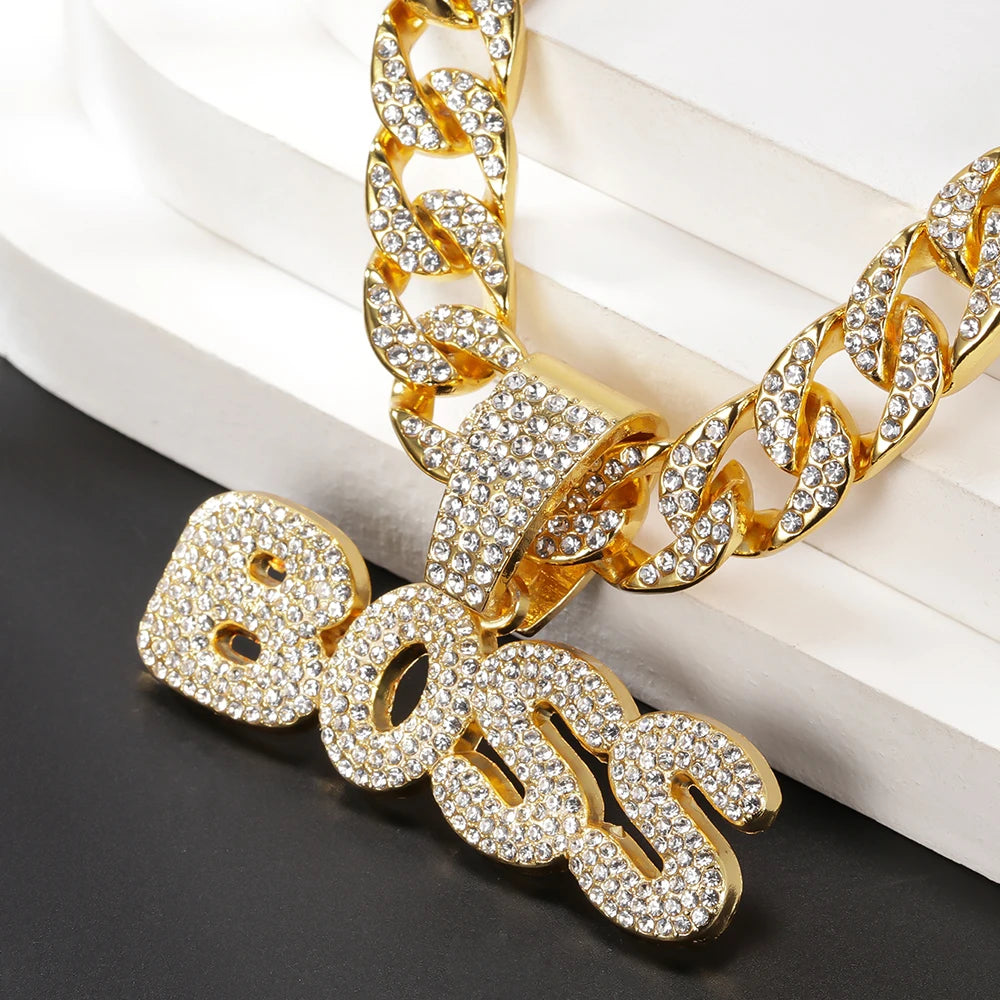 BOSS Cuban Chain Necklace – Bling Letter Choker for Hip Hop & Goth Style