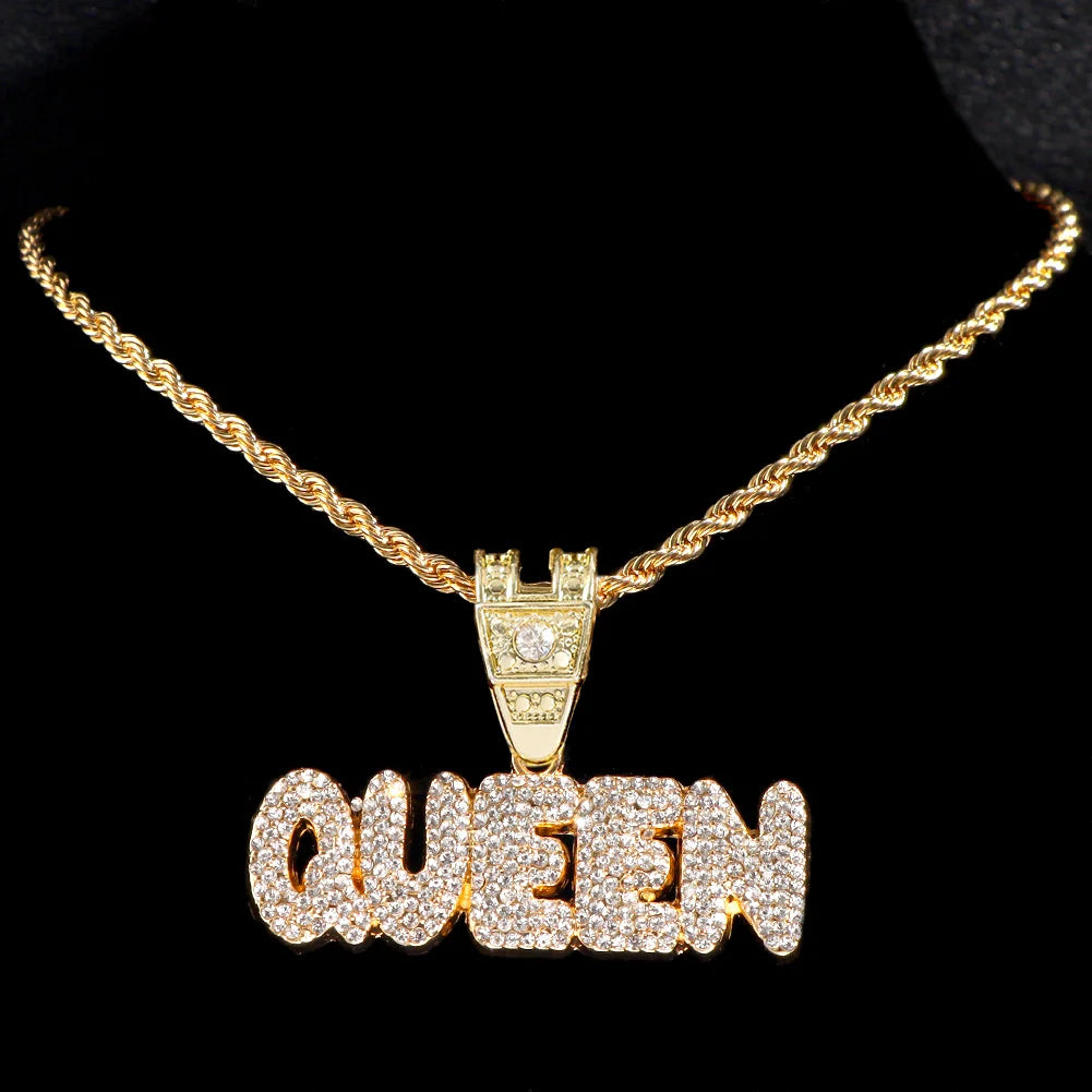 Iced Out Full Rhinestones KING QUEEN Letter Pendant Necklace 14mm Miami Rhombus Cuban Chain Hip Hop Necklaces Jewelry