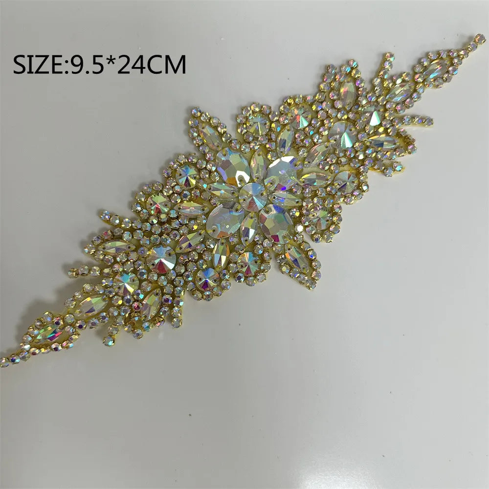 AB Silver Rhinestone Flower Applique – Elegant Iron-On/Sew-On Decoration for Wedding Dresses & Clothes