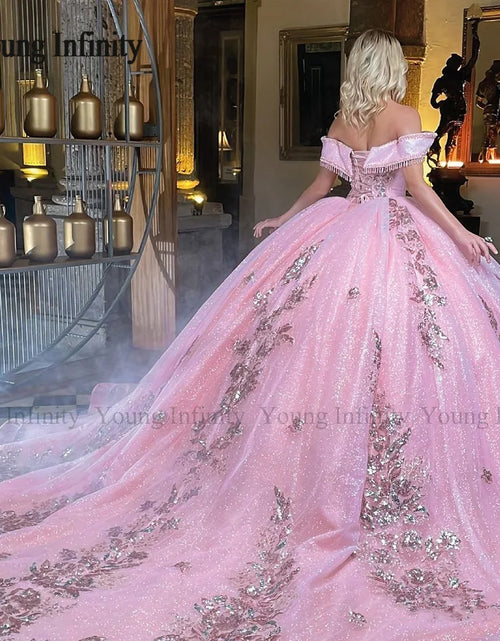 Load image into Gallery viewer, Princess in Bloom: Luxury Pink Off-Shoulder Quinceañera Ball Gown
