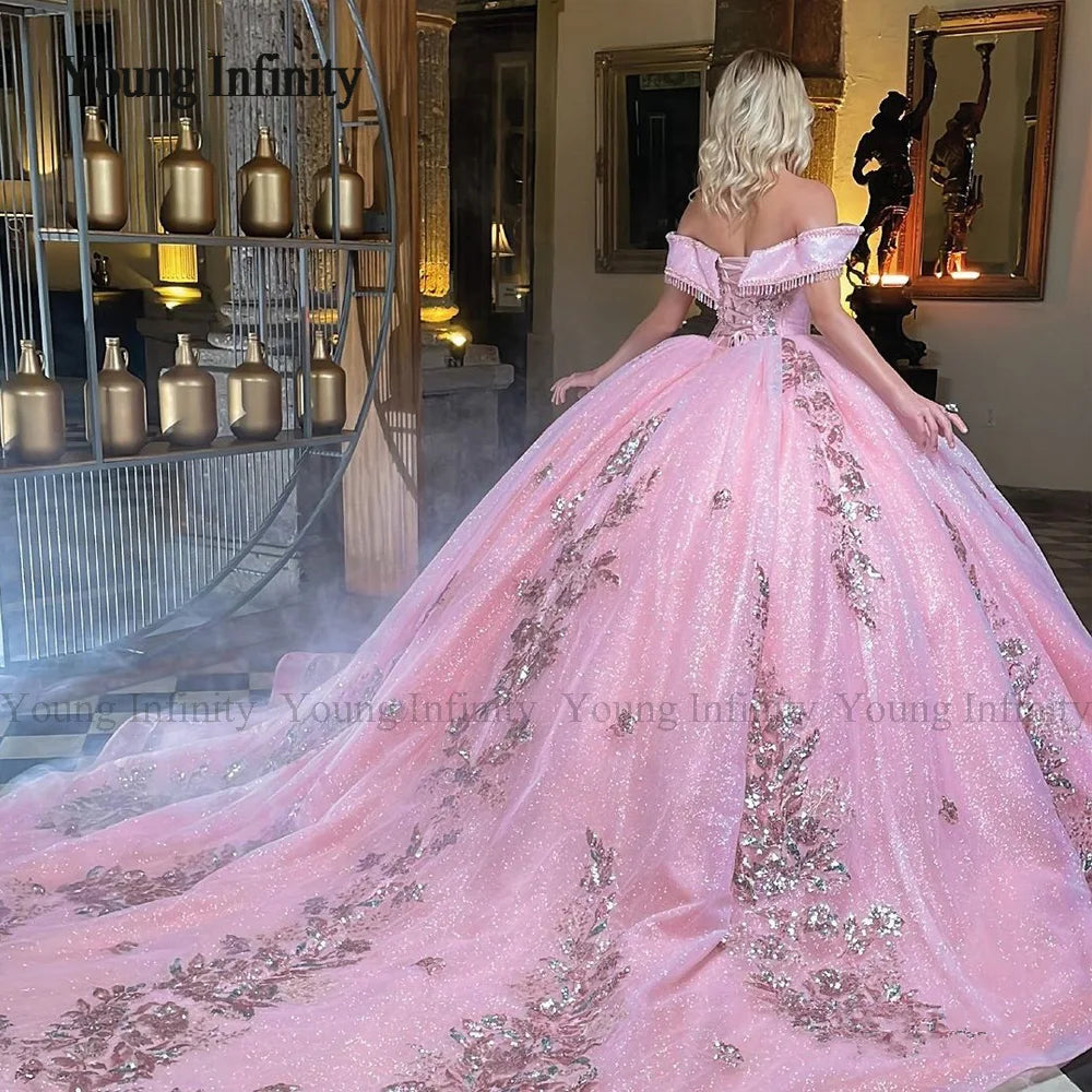 Princess in Bloom: Luxury Pink Off-Shoulder Quinceañera Ball Gown