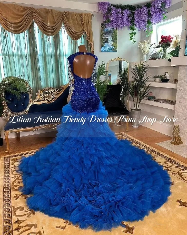 Luxury Blue Sparkly Mermaid Evening Gown with Diamond Crystal Ruffles