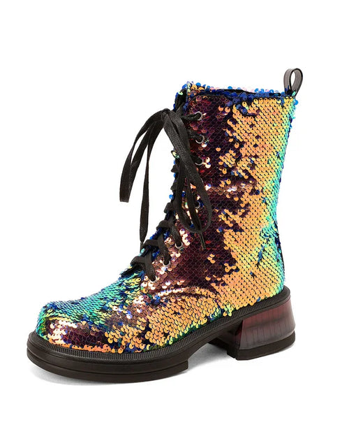 Load image into Gallery viewer, Sparkle &amp; Comfort: Sequined Platform Ankle Boots with Square Heels
