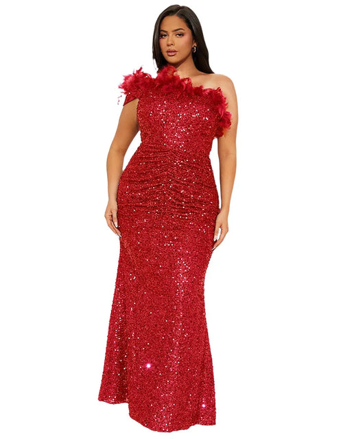 Load image into Gallery viewer, Dazzling Sequined Backless Maxi Dress with Feather &amp; Bead Detailing – Perfect for Birthday Party
