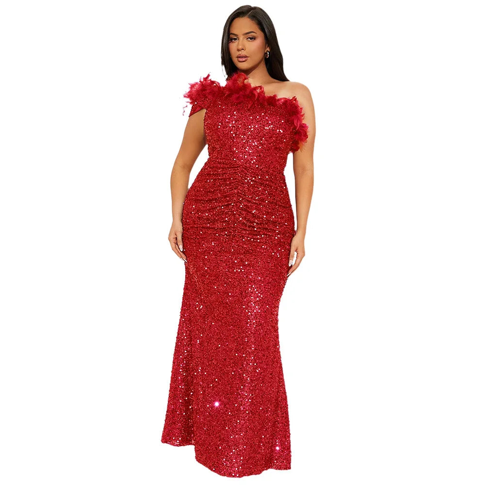 Dazzling Sequined Backless Maxi Dress with Feather & Bead Detailing – Perfect for Birthday Party