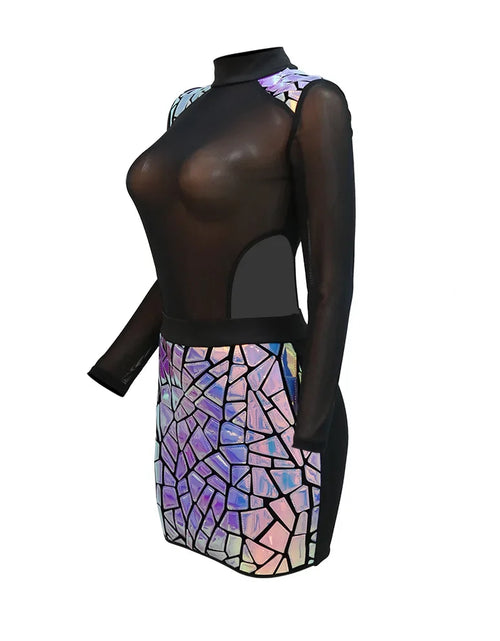 Load image into Gallery viewer, Sexy Sequined Tassel Mini Dress – Mesh See-Through Long Sleeve Party Dress
