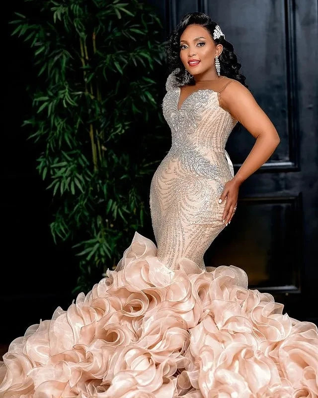 Elegant Champagne African Mermaid Wedding Dress with Organza Ruffles and Appliques