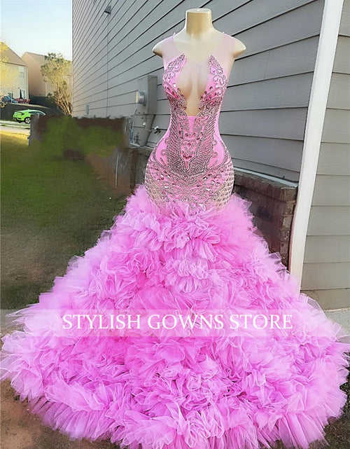 Load image into Gallery viewer, Blush Elegance: Sparkly Pink O-Neck Beaded Mermaid Gown with Ruffles
