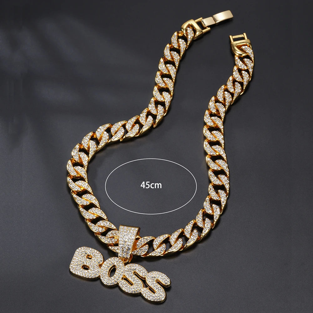 BOSS Cuban Chain Necklace – Bling Letter Choker for Hip Hop & Goth Style