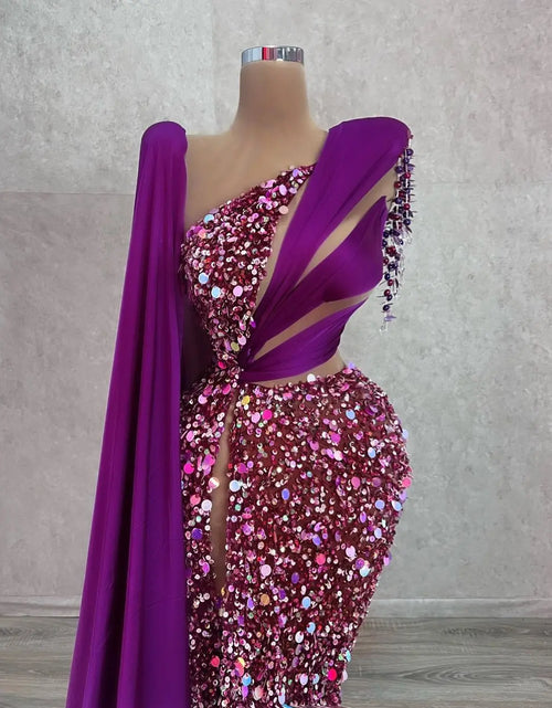 Load image into Gallery viewer, Elegant One-Shoulder Purple Evening Dress with Sequins, Beading, and Side Split
