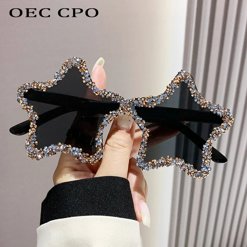 Luxury Diamond Star Shape Sunglasses Women Trends Rhinestone Shiny Sun Glasses Ladies Punk Rimless Style Eyewear