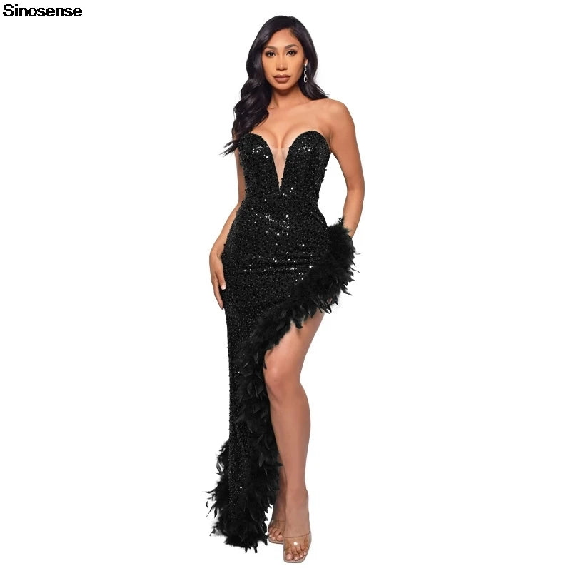 Strapless Sequin Feather Bodycon Dress – Elegant Cocktail & Formal Party Wear for Women