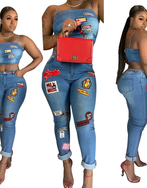 Load image into Gallery viewer, Sexy Denim Two-Piece Set – Women’s Crop Top and Pants Matching Outfit
