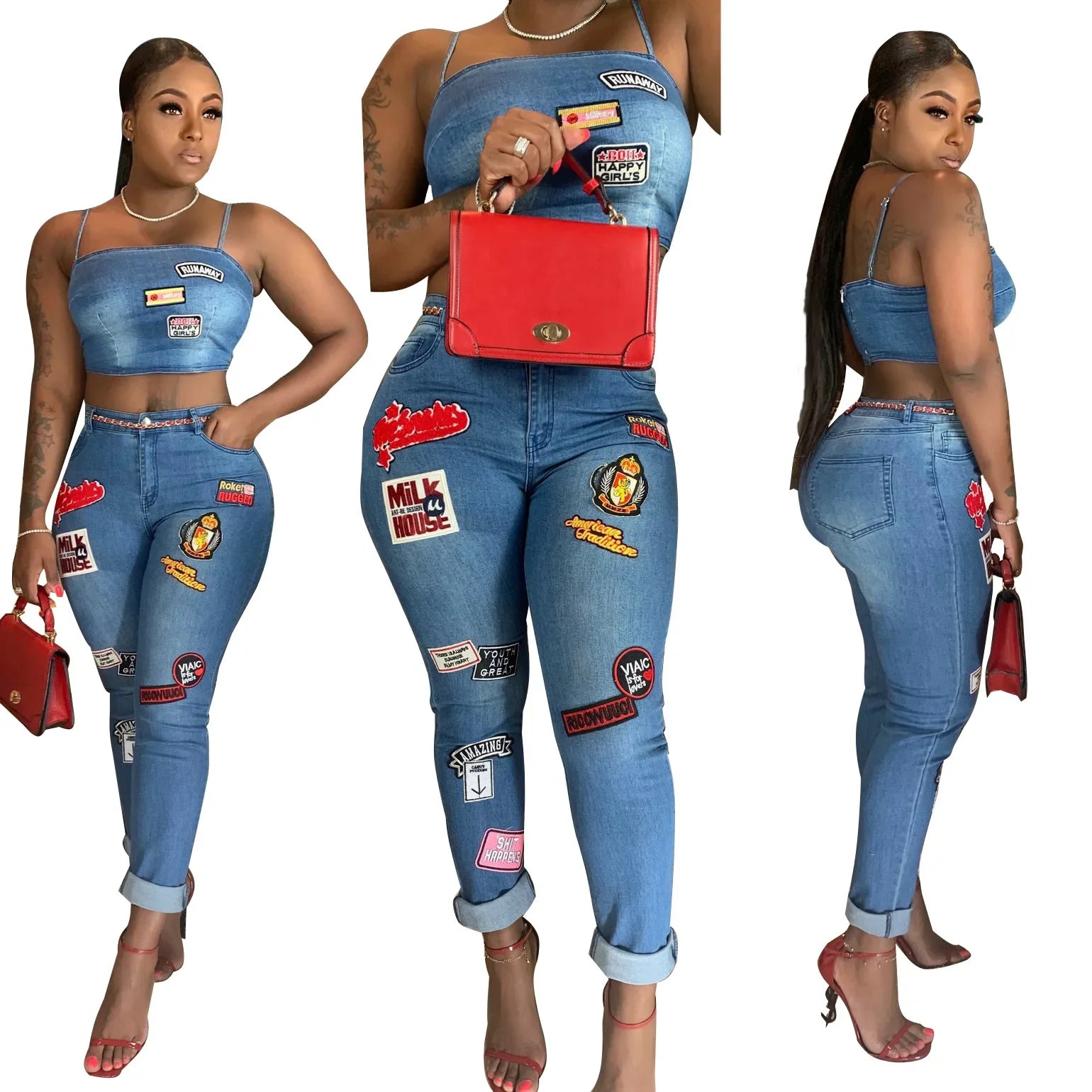 Sexy Denim Two-Piece Set – Women’s Crop Top and Pants Matching Outfit