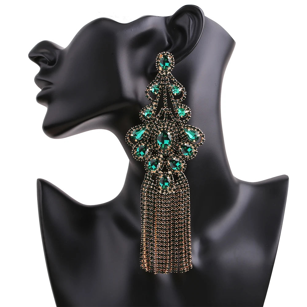 Statement Rhinestone Tassel Drop Earrings – Crystal Dangle Jewelry for Women