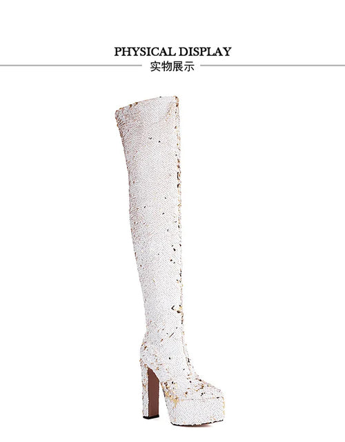 Load image into Gallery viewer, Showstopper: Sequin Over-the-Knee Platform Boots with High Heels
